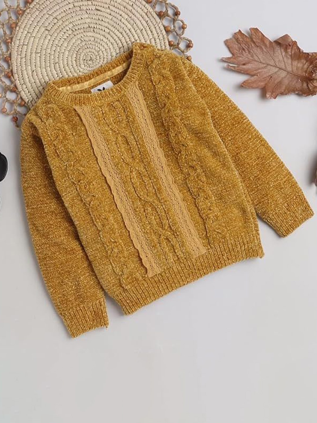 

Yellow Apple Girls Round Neck Long Sleeves Cable Knit Pullover, Mustard