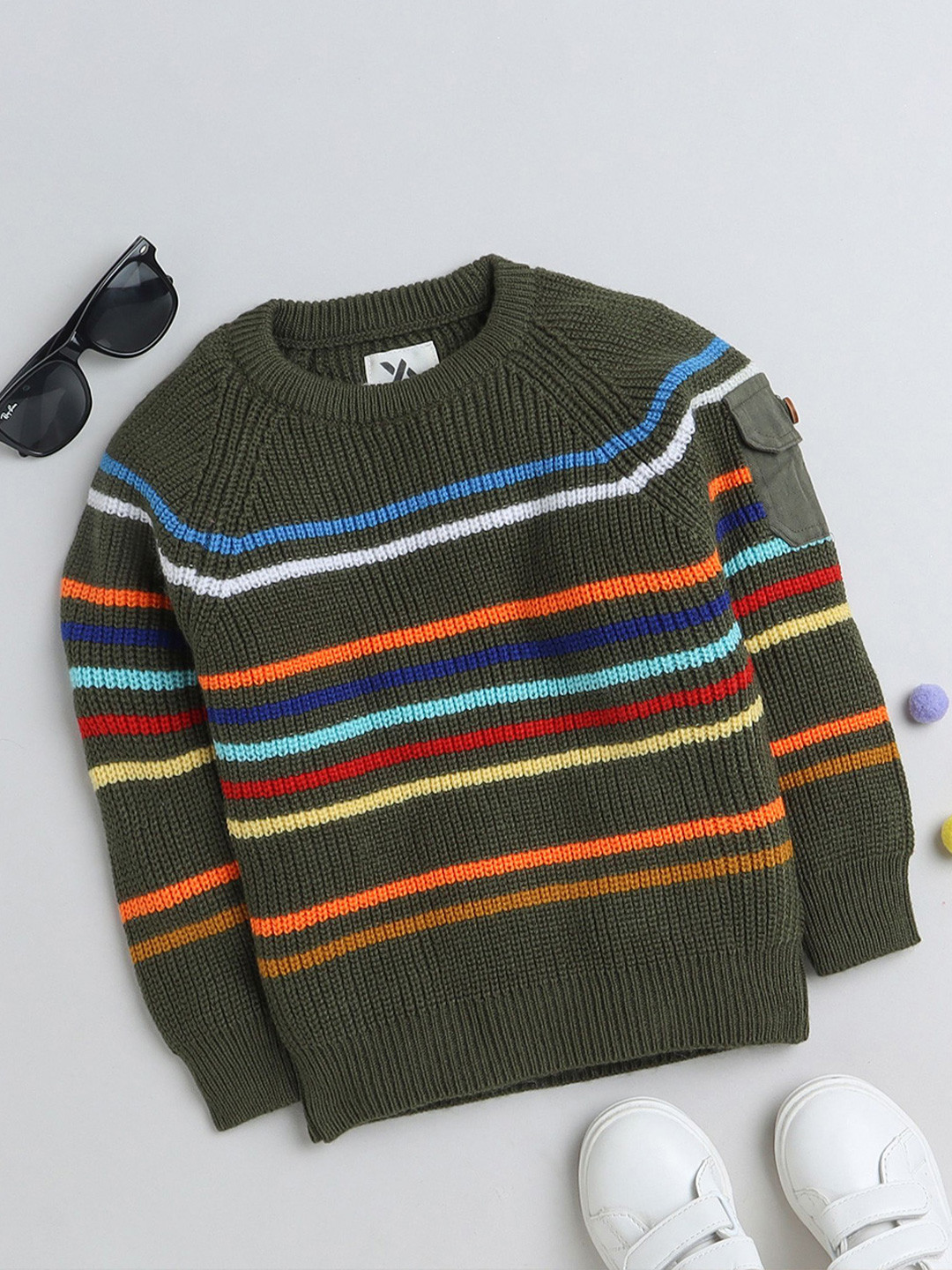 

Yellow Apple Boys Round Neck Long Sleeves Striped Pullover, Olive