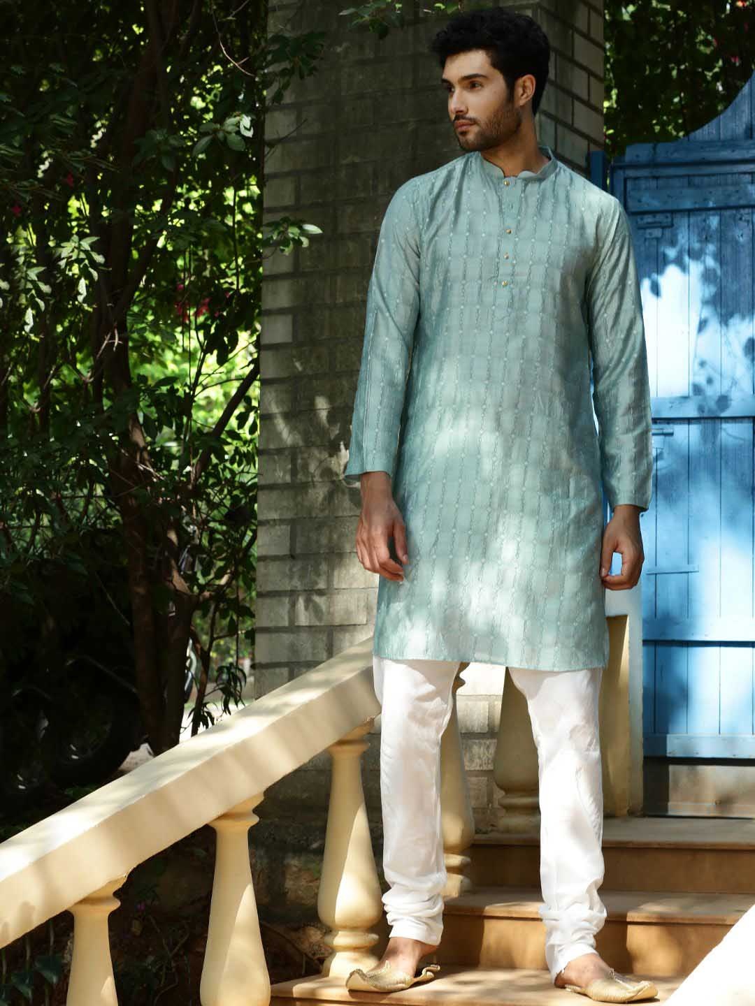 

HOUSE OF DEYANN Geometric Woven Design Jacquard Straight Kurta With Churidar, Blue