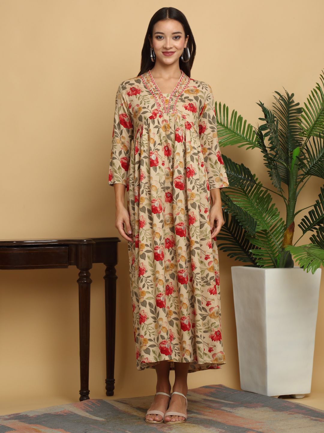 

KALINI Floral Printed V-Neck Gathered or Pleated Fit and Flare Maxi Dress, Beige