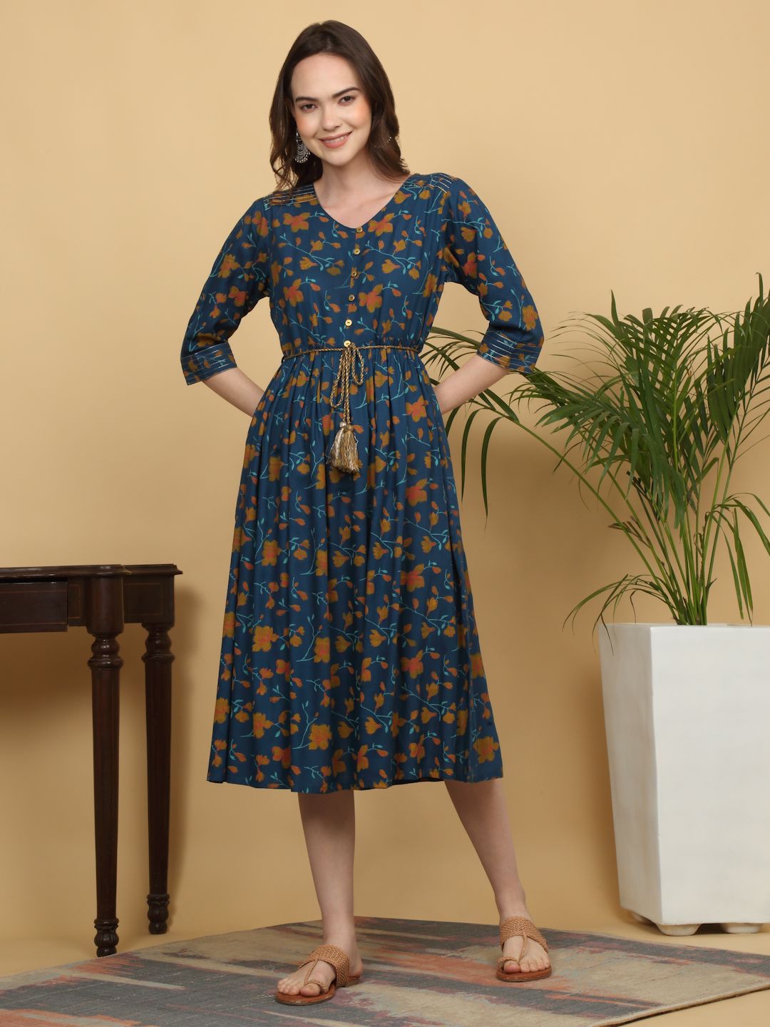 

KALINI Floral Printed V-Neck A-Line Midi Dress, Blue