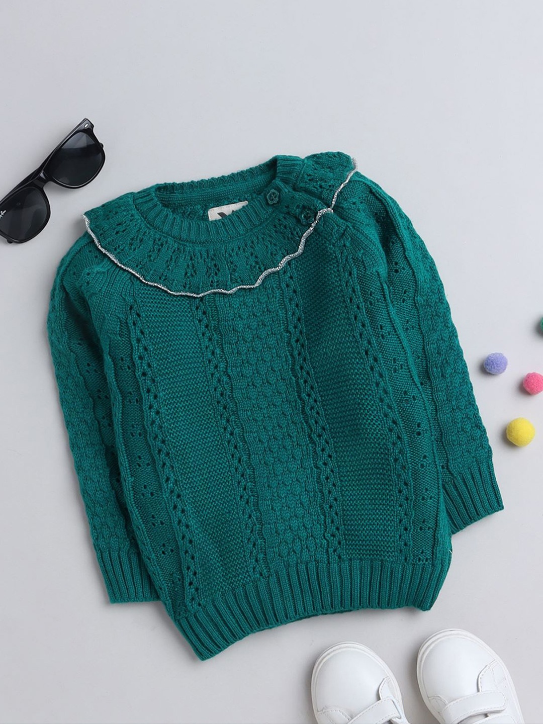 

Yellow Apple Girls Self Design Pullover Sweater, Green