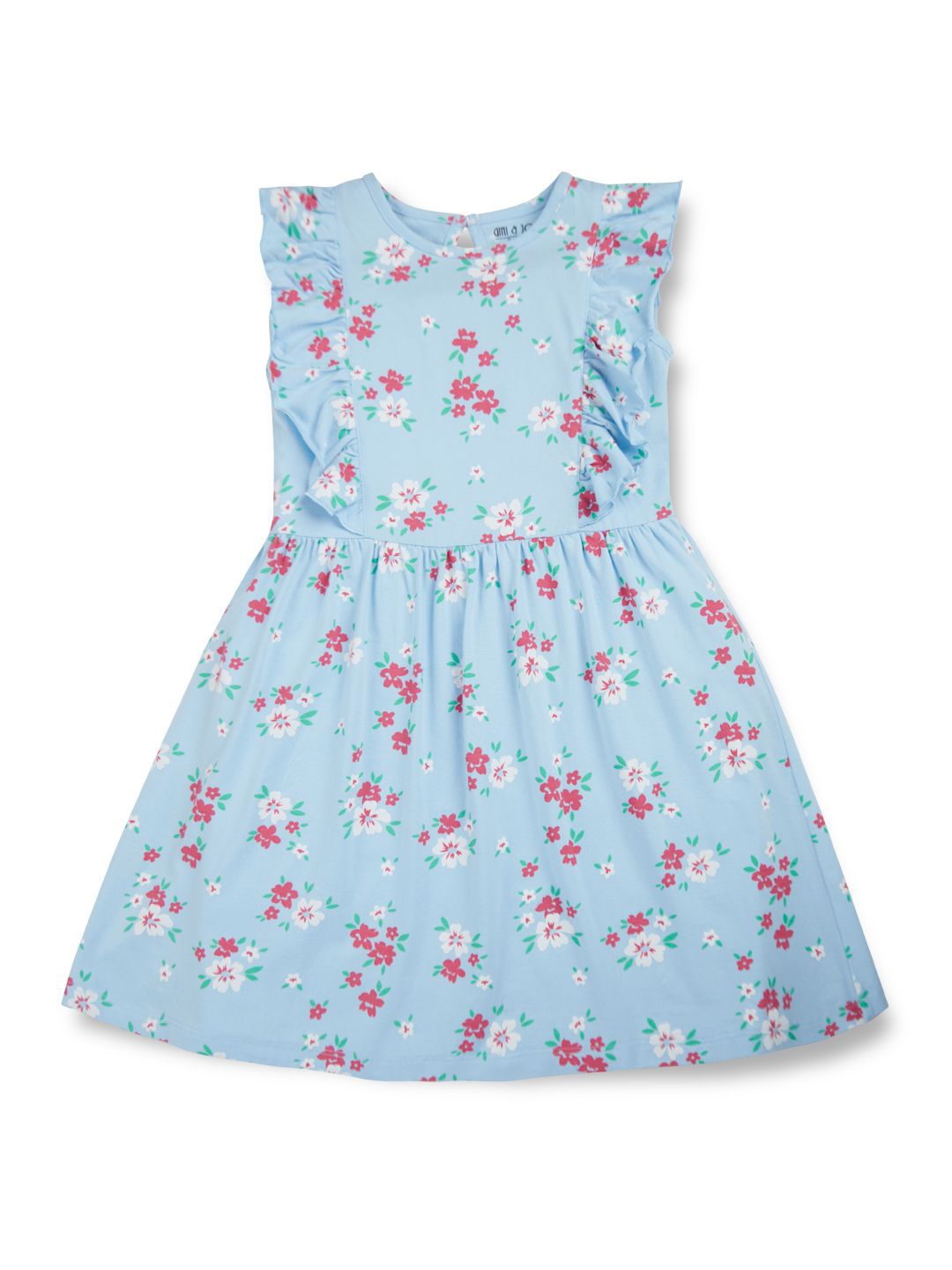 

Gini and Jony Girls Floral Printed Flutter Sleeves Cotton A-Line Dress, Blue