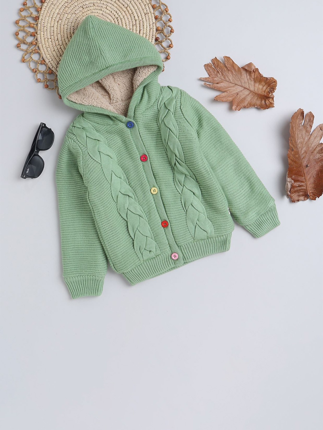 

Yellow Apple Girls Hooded Long Sleeves Cable Knit Sweater, Green