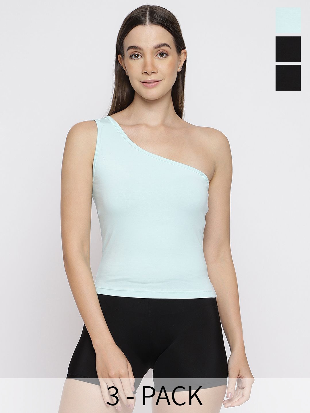 

La Intimo Women Pack Of 3 Cotton Non-Padded One Shoulder Camisoles, Black