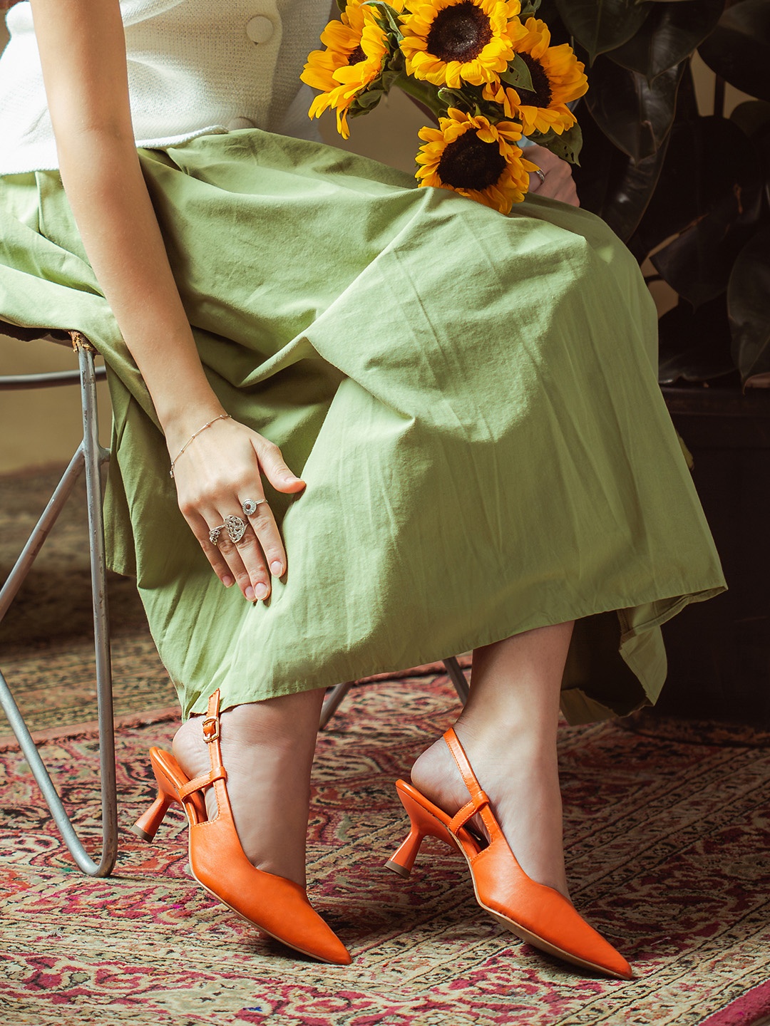

Saint G Pointed Toe Leather Kitten Slingback Heeled Pumps, Orange