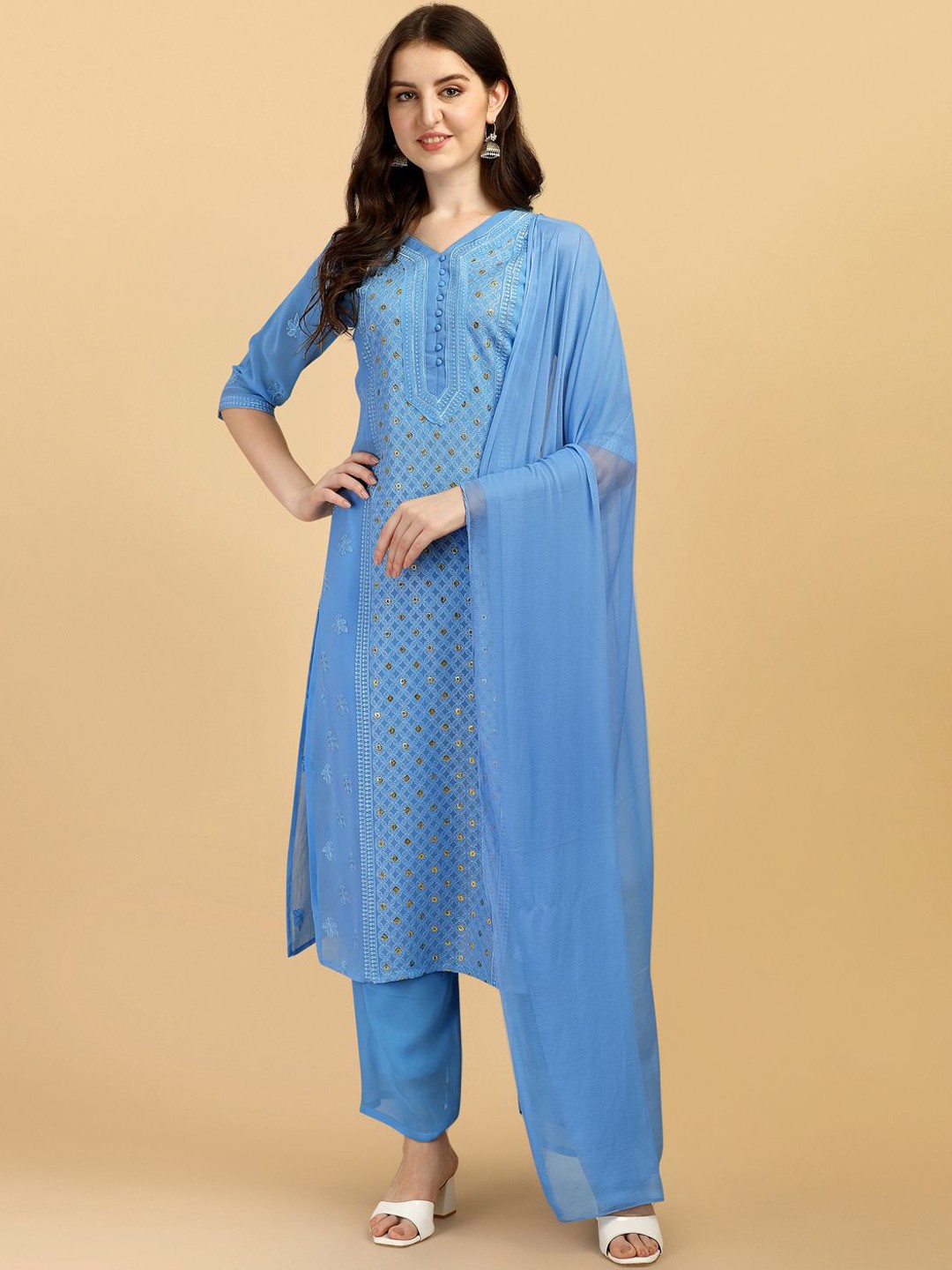 

KALINI Floral Embroidered Thread Work Straight Kurta With Trousers & Dupatta, Blue