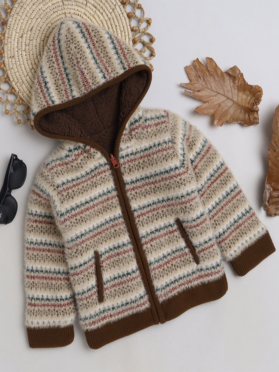 

Yellow Apple Girls Striped Hooded Hooded Open Front Sweater, Brown