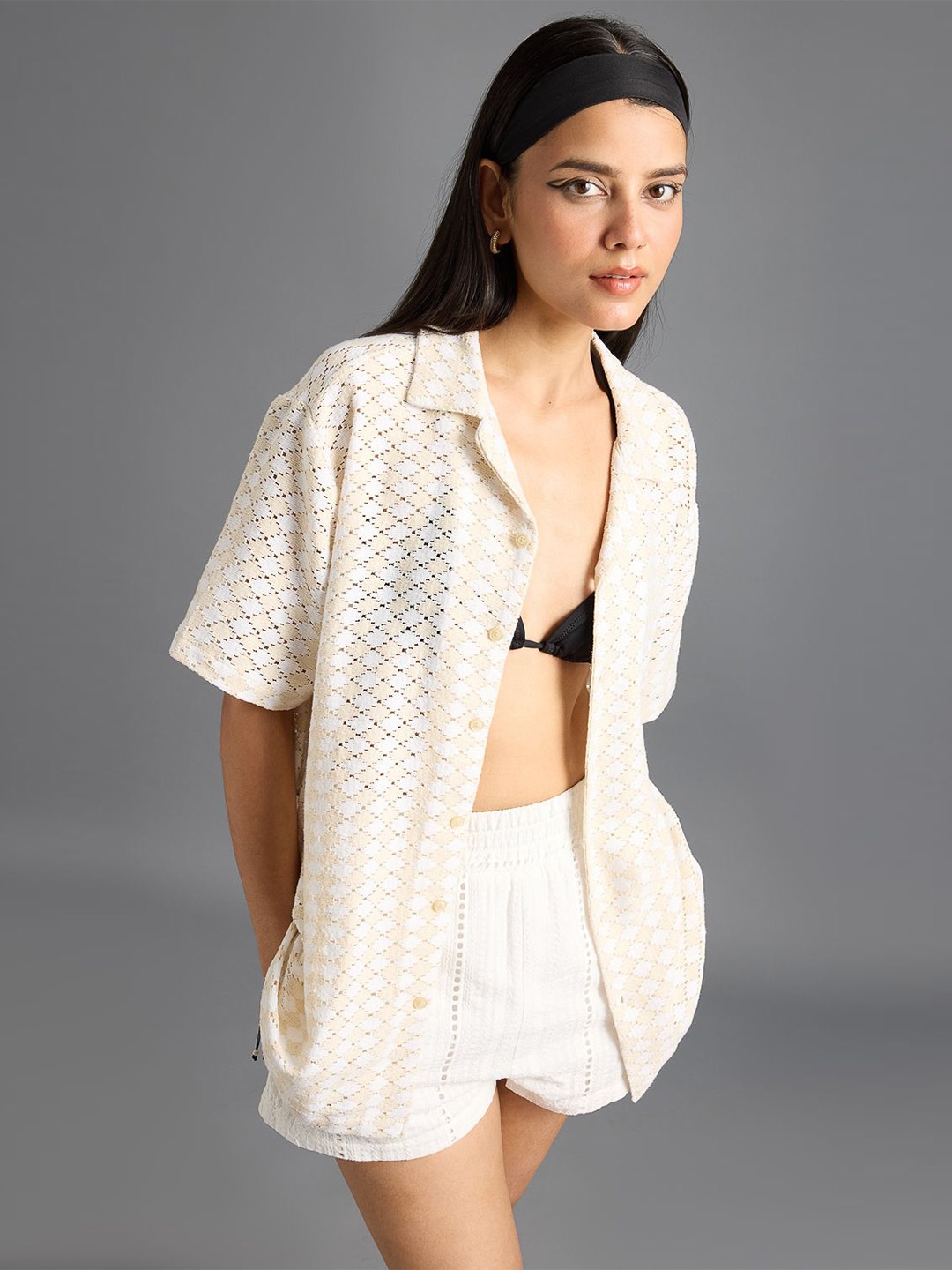 

FREAKINS Self Design Semi Sheer Casual Shirt, White