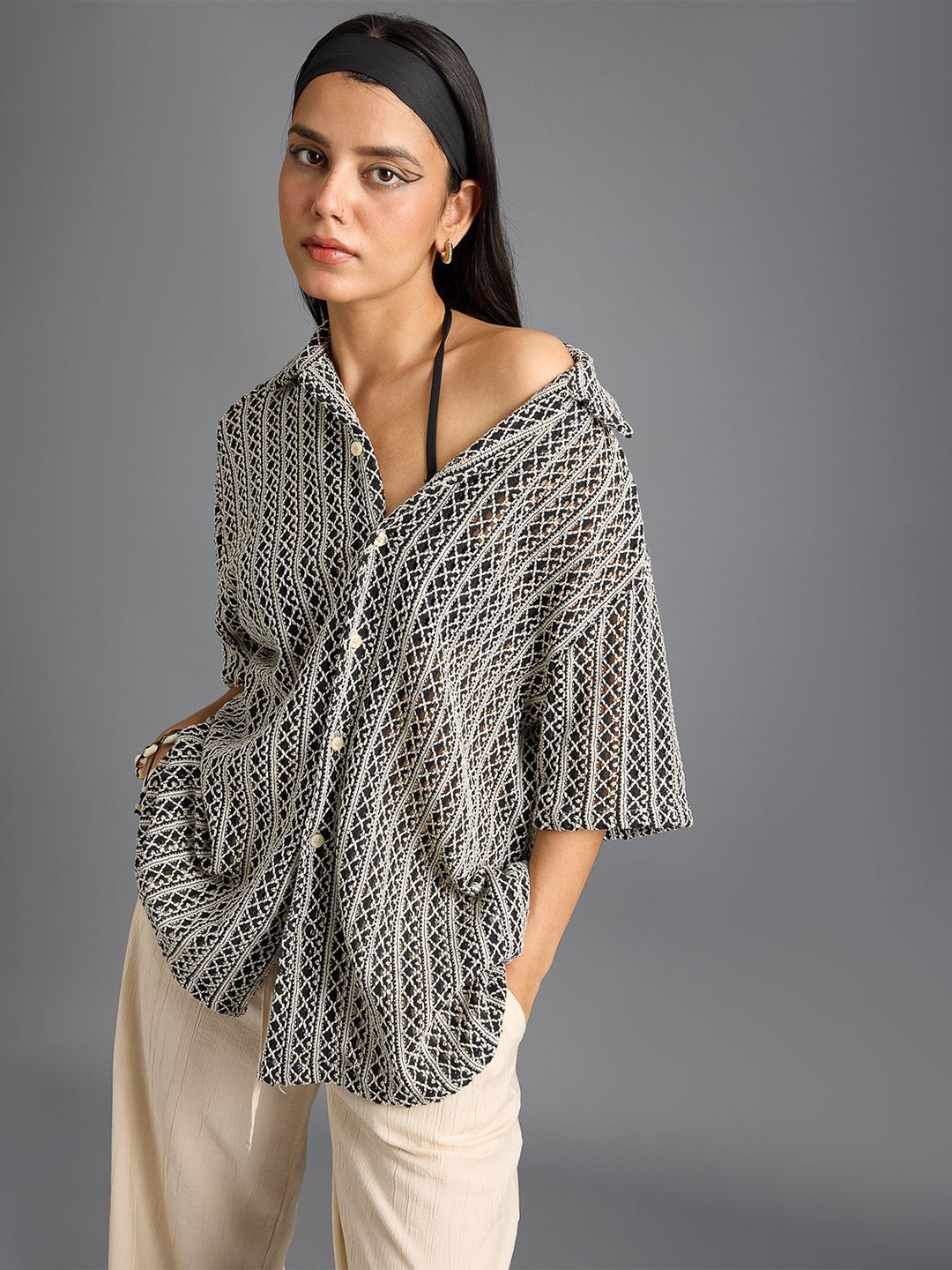 

FREAKINS Self Design Semi Sheer Casual Shirt, Grey