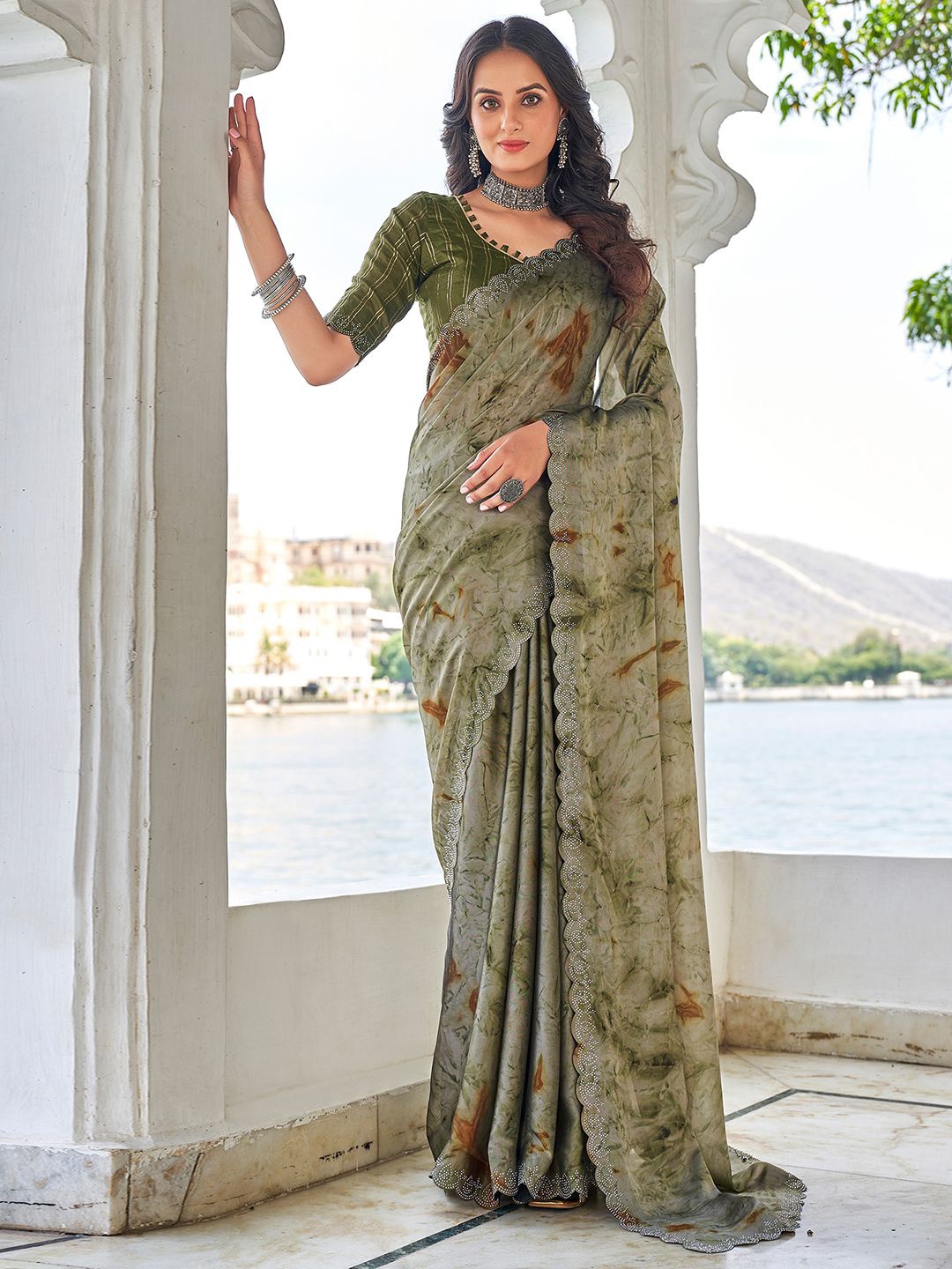 

Mitera Beads and Stones Pure Georgette Saree, Green