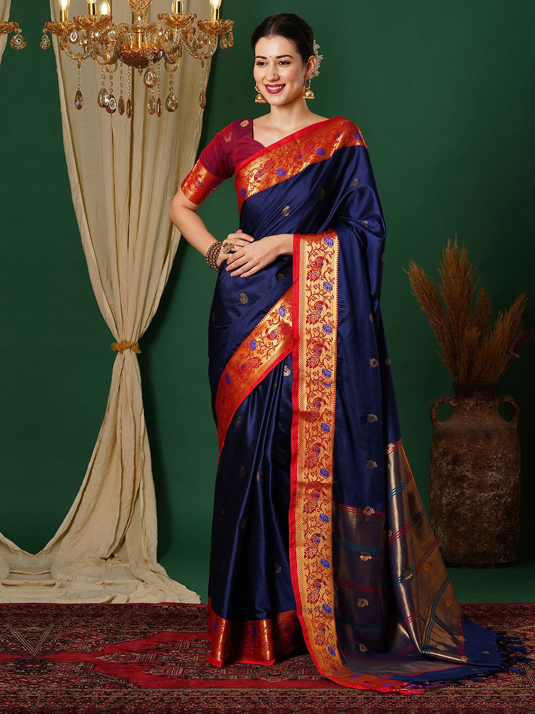 

Mitera Ethnic Motifs Zari Banarasi Saree, Navy blue