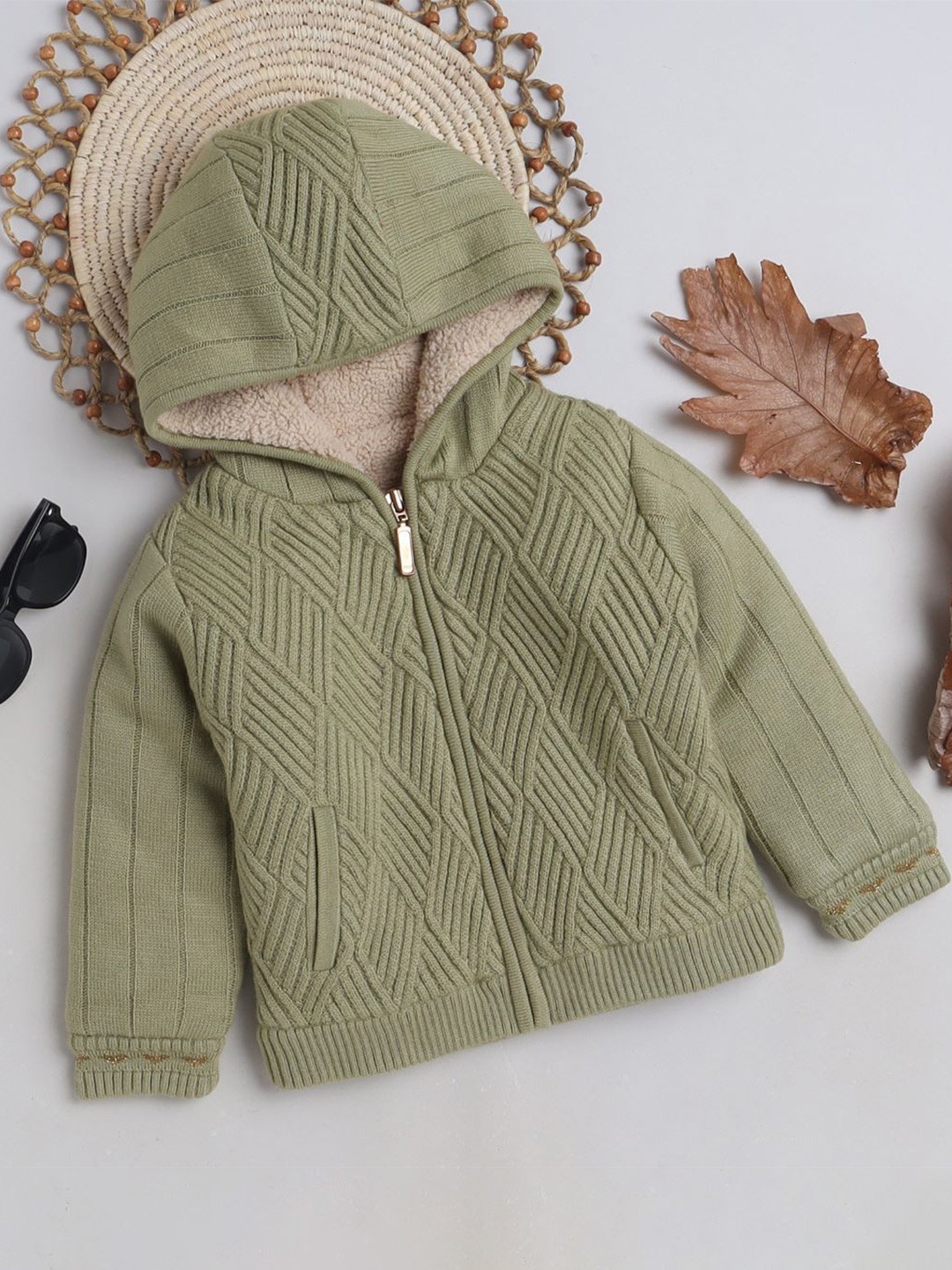 

Yellow Apple Girls Chevron Hooded Open Front Sweater, Green
