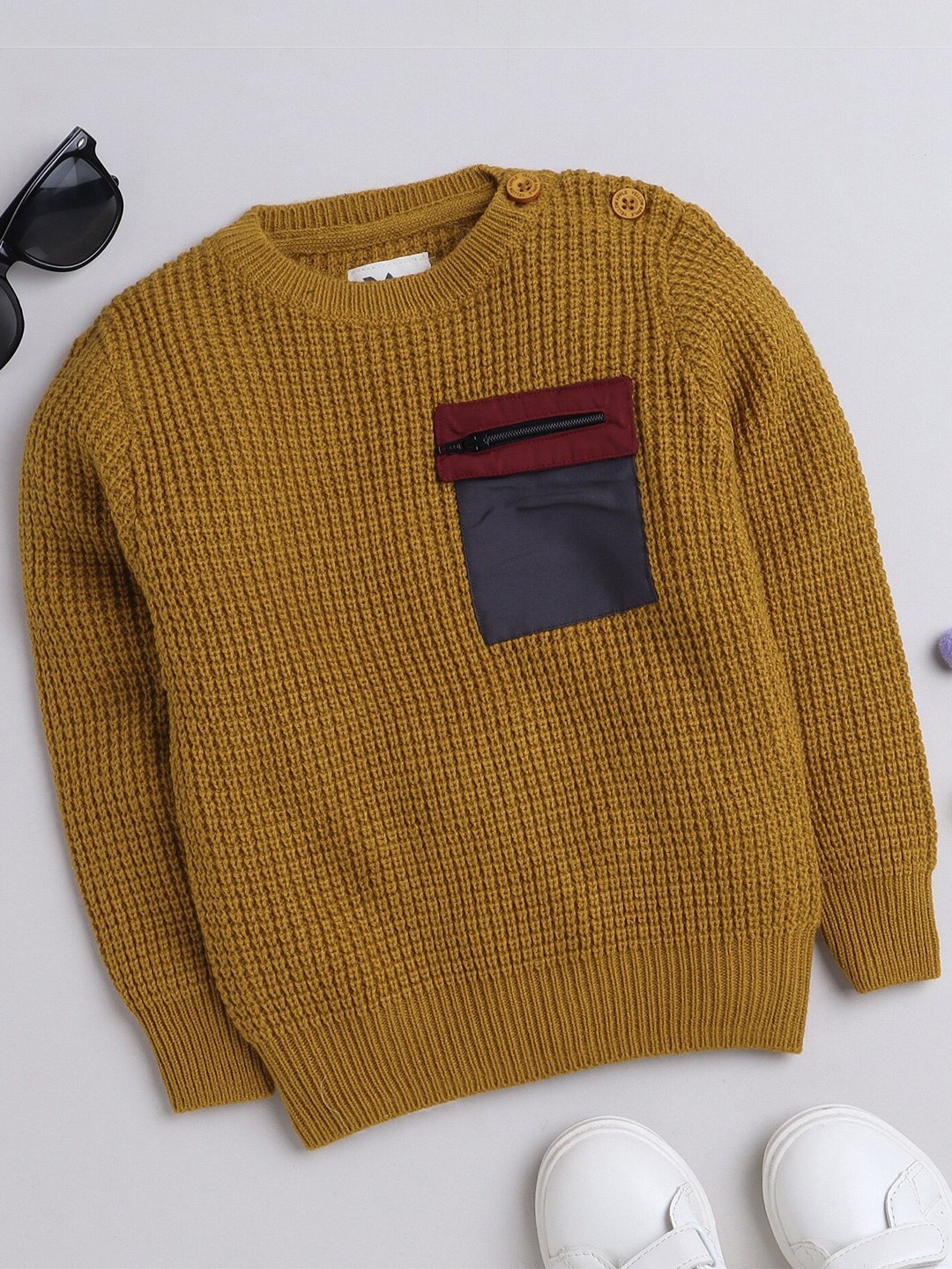

Yellow Apple Boys Self Design Pullover Sweater, Mustard