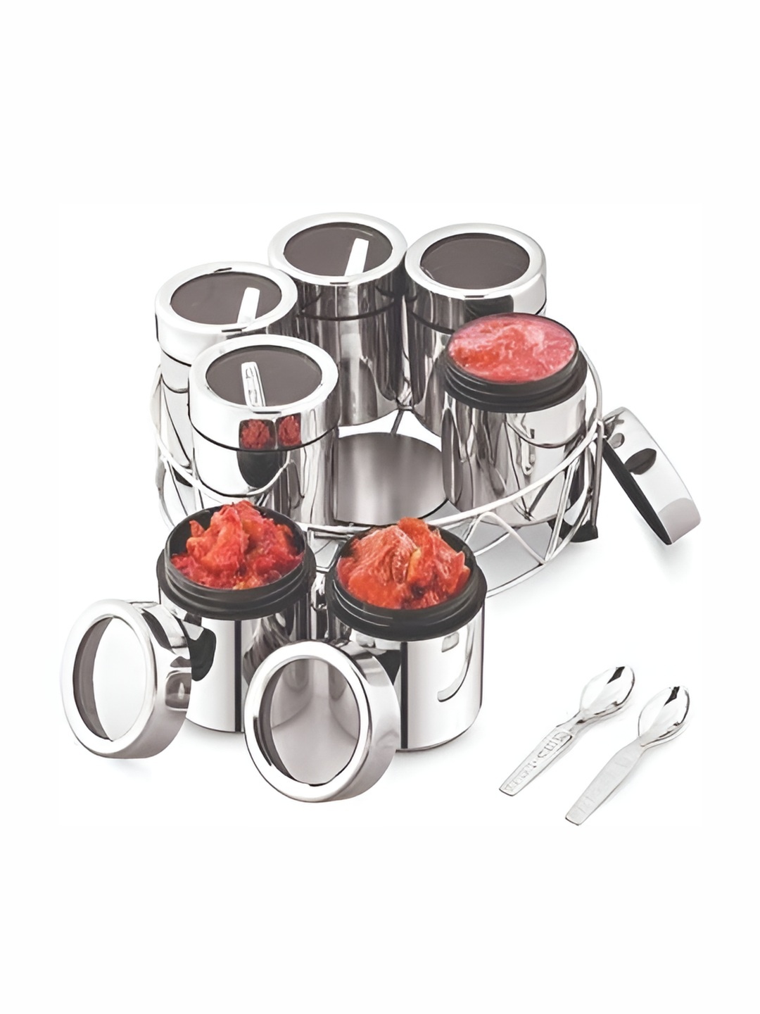 

STEEPLE Silver toned 7 Pieces Stainless Steel Dishwasher Safe Spice Box With Stand