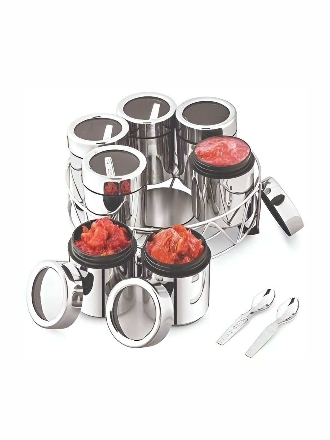 

STEEPLE Silver toned 7 Pieces Stainless Steel Spice Box Set With Stand