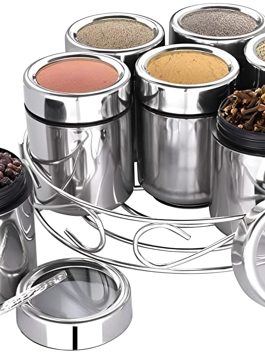 

STEEPLE Silver Toned 7 Pieces Stainless Steel Spice Box Set With Stand