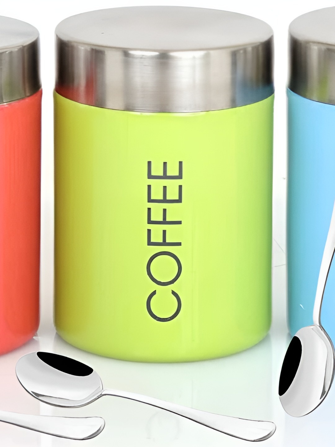 

STEEPLE Set Of 3 Red & Blue & Green Stainless Steel Canister Container