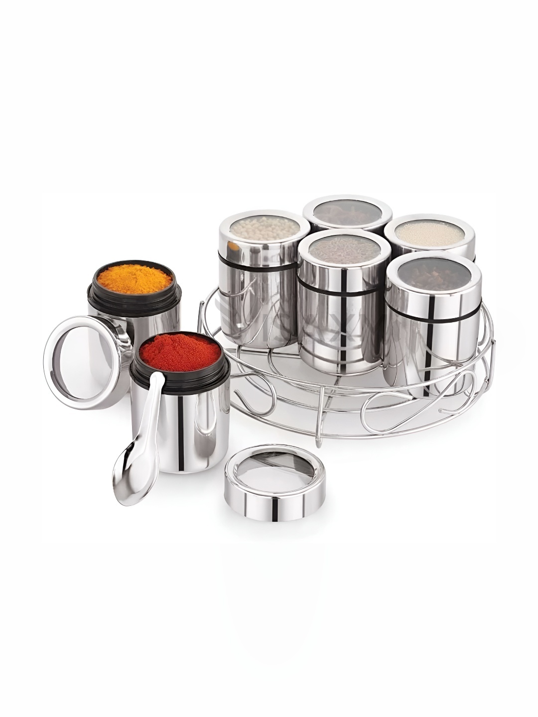 

STEEPLE Silver toned 7 Pieces Stainless Steel Dishwasher Safe Spice Boxes With Stand