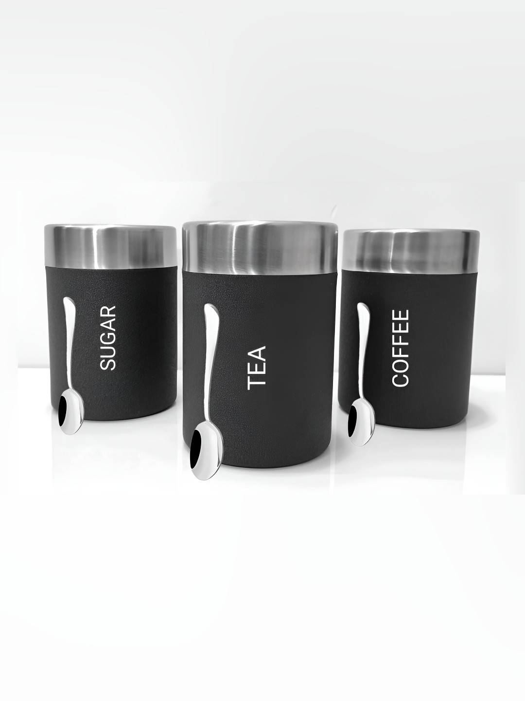 

STEEPLE Black 3 Pieces Stainless Steel Tea Coffee & Sugar Canisters 750 ml Each