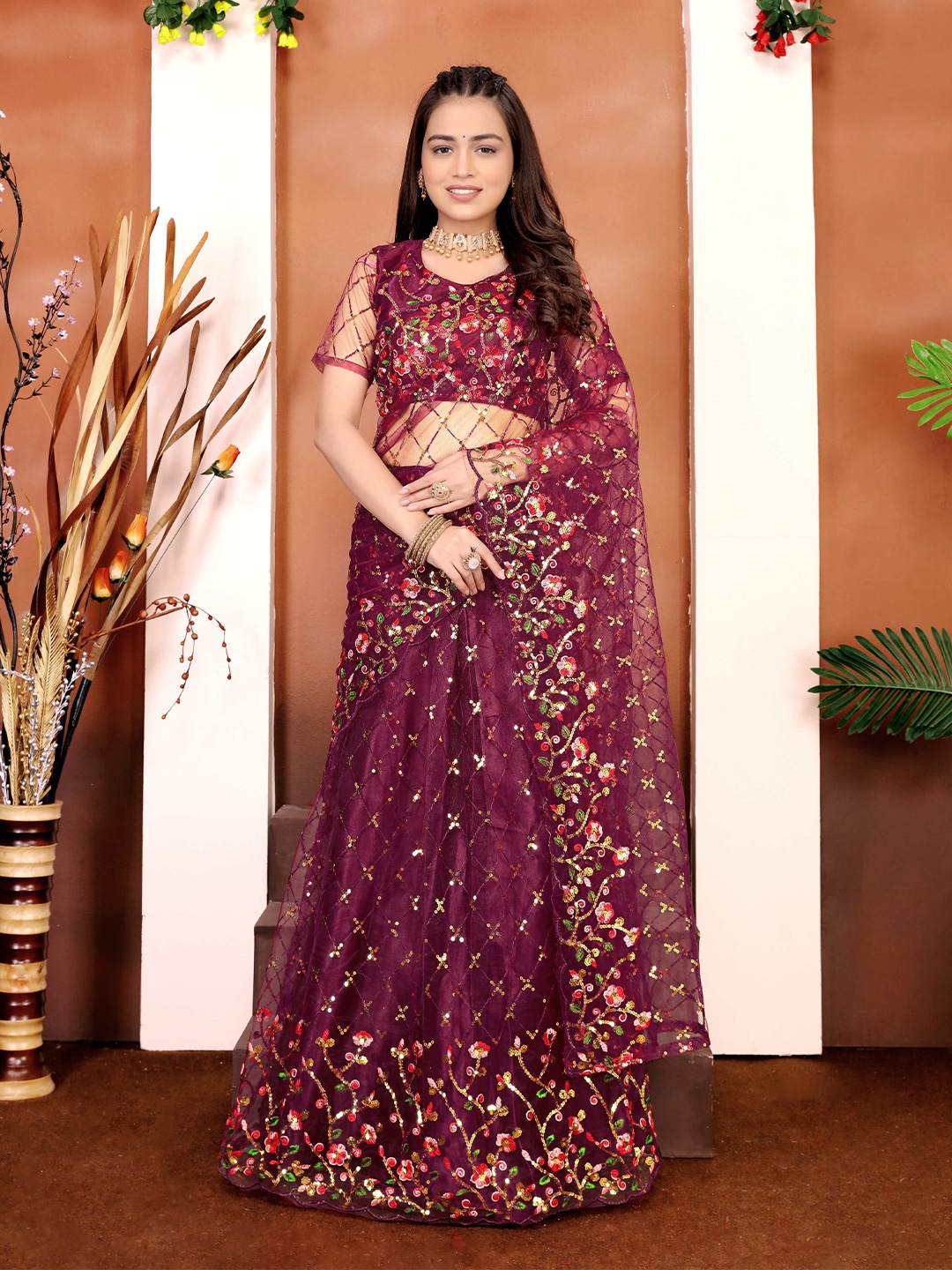 

DDRS FASHION Embroidered Sequinned Semi-Stitched Lehenga & Unstitched Blouse With Dupatta, Maroon