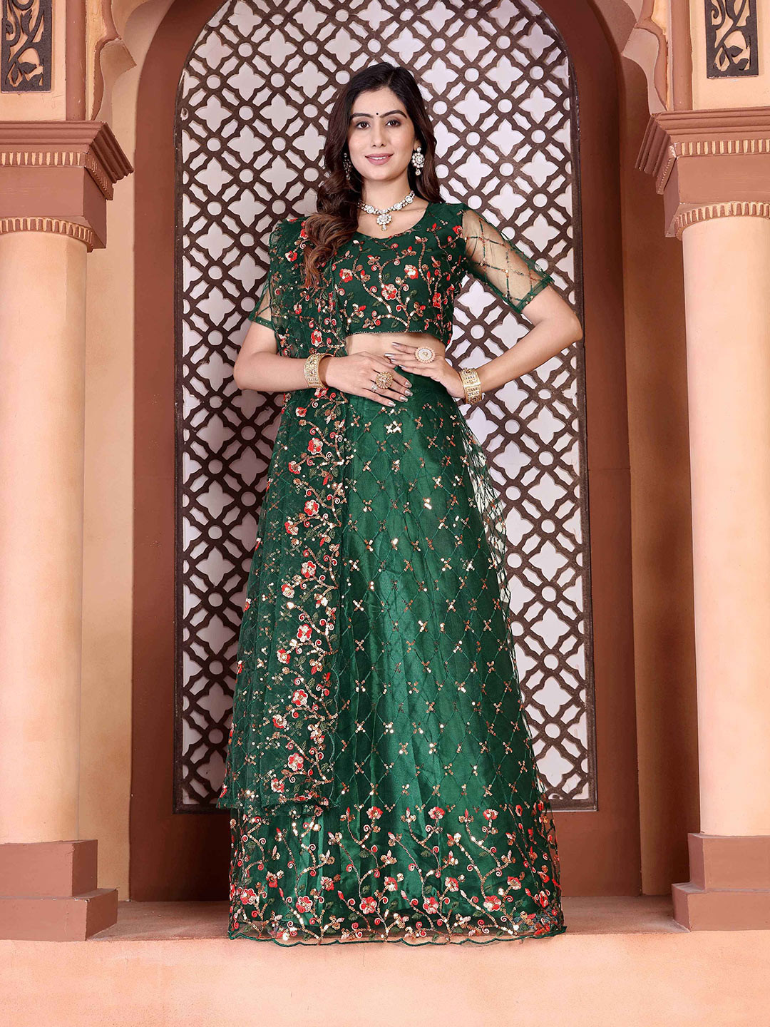 

DDRS FASHION Embroidered Net Semi Stitched Lehenga & Unstitched Blouse With Dupatta, Green