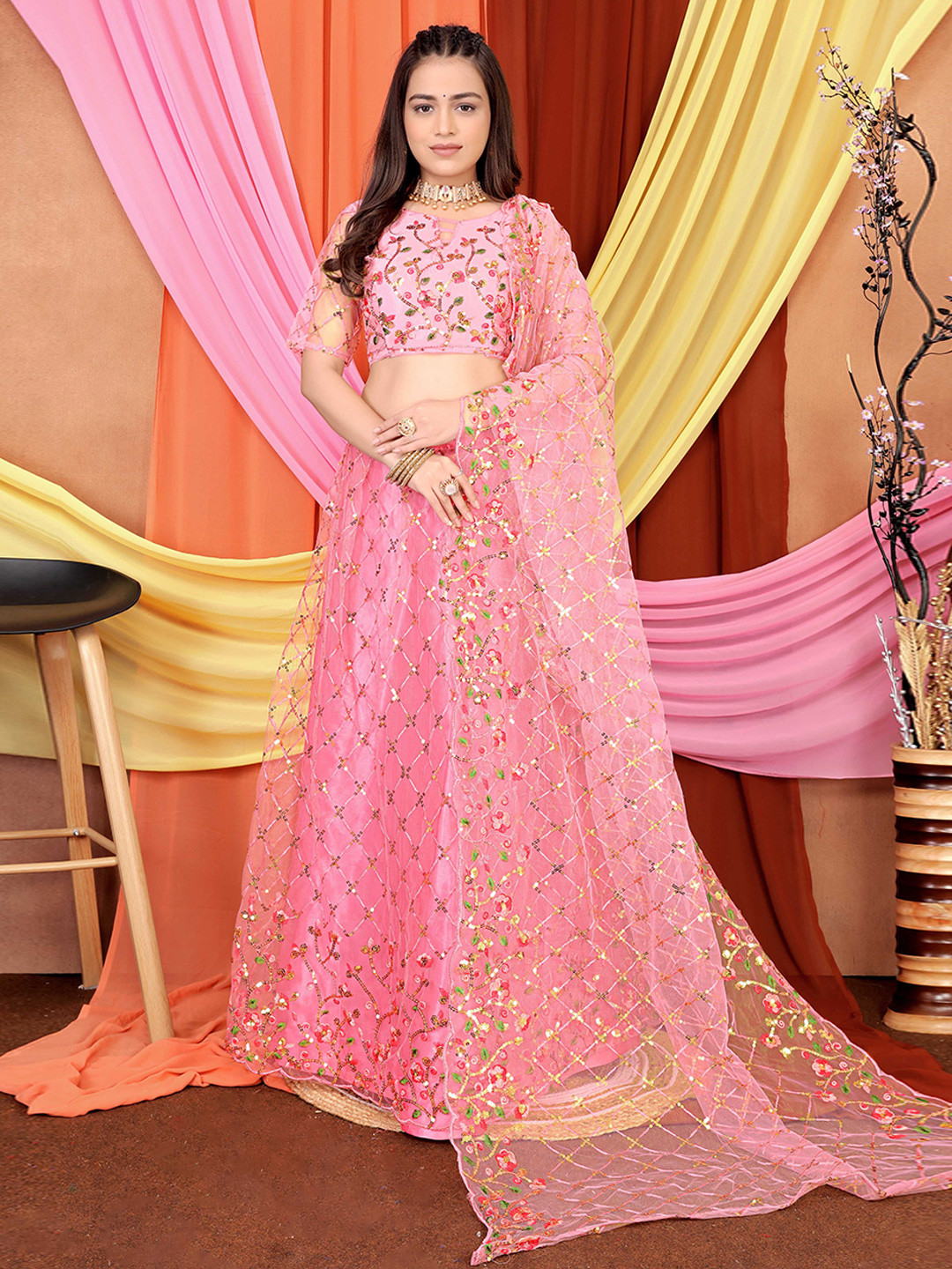 

DDRS FASHION Embroidered Sequinned Semi-Stitched Lehenga & Unstitched Blouse With Dupatta, Pink