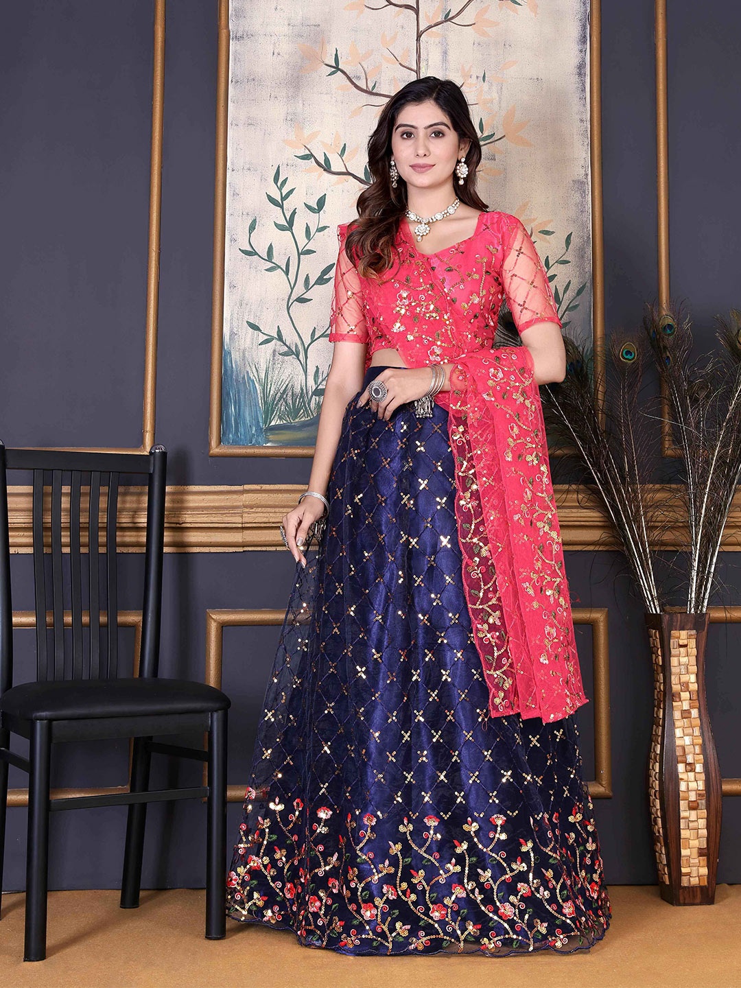 

DDRS FASHION Embroidered Net Semi-Stitched Lehenga & Unstitched Blouse With Dupatta, Navy blue