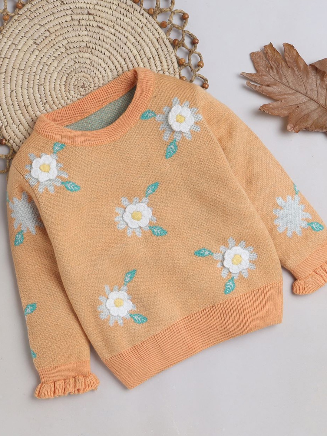 

Yellow Apple Girls round Neck Long Sleeves Floral Woollen Pullover, Tan