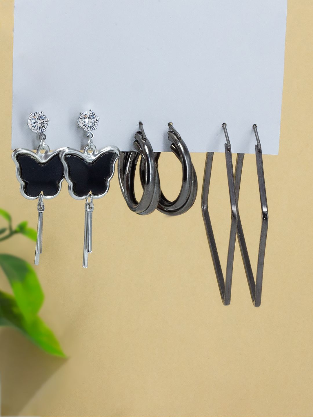 

PRIVIU Set Of 3 Contemporary Silver Plated Stone Studded Hoop & Drop Earrings