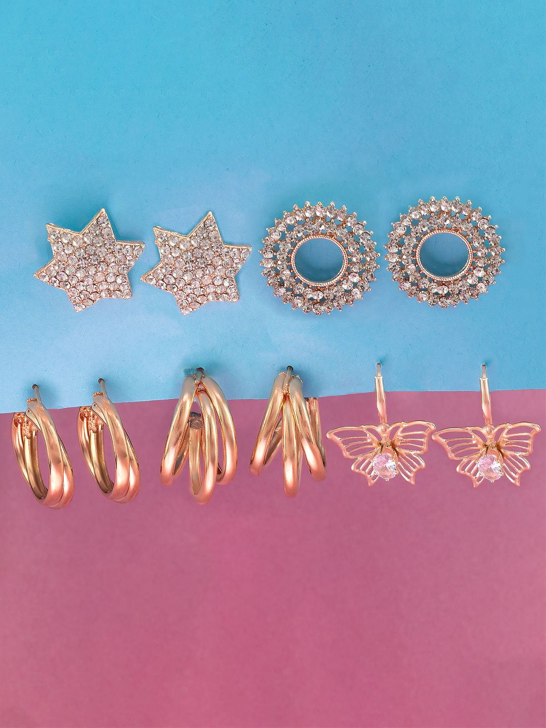 

PRIVIU Set of 5 Rhinestone Rose Gold Plated Geometric Studs & Hoop Earrings