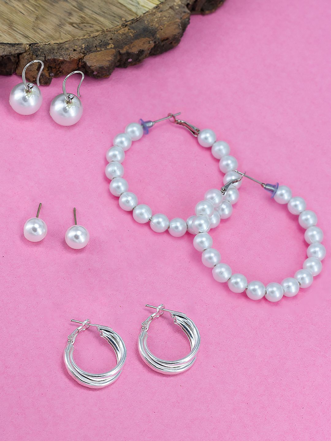 

PRIVIU Set of 4 Artificial Beads Silver Plated Circular Studs & Hoop Earrings