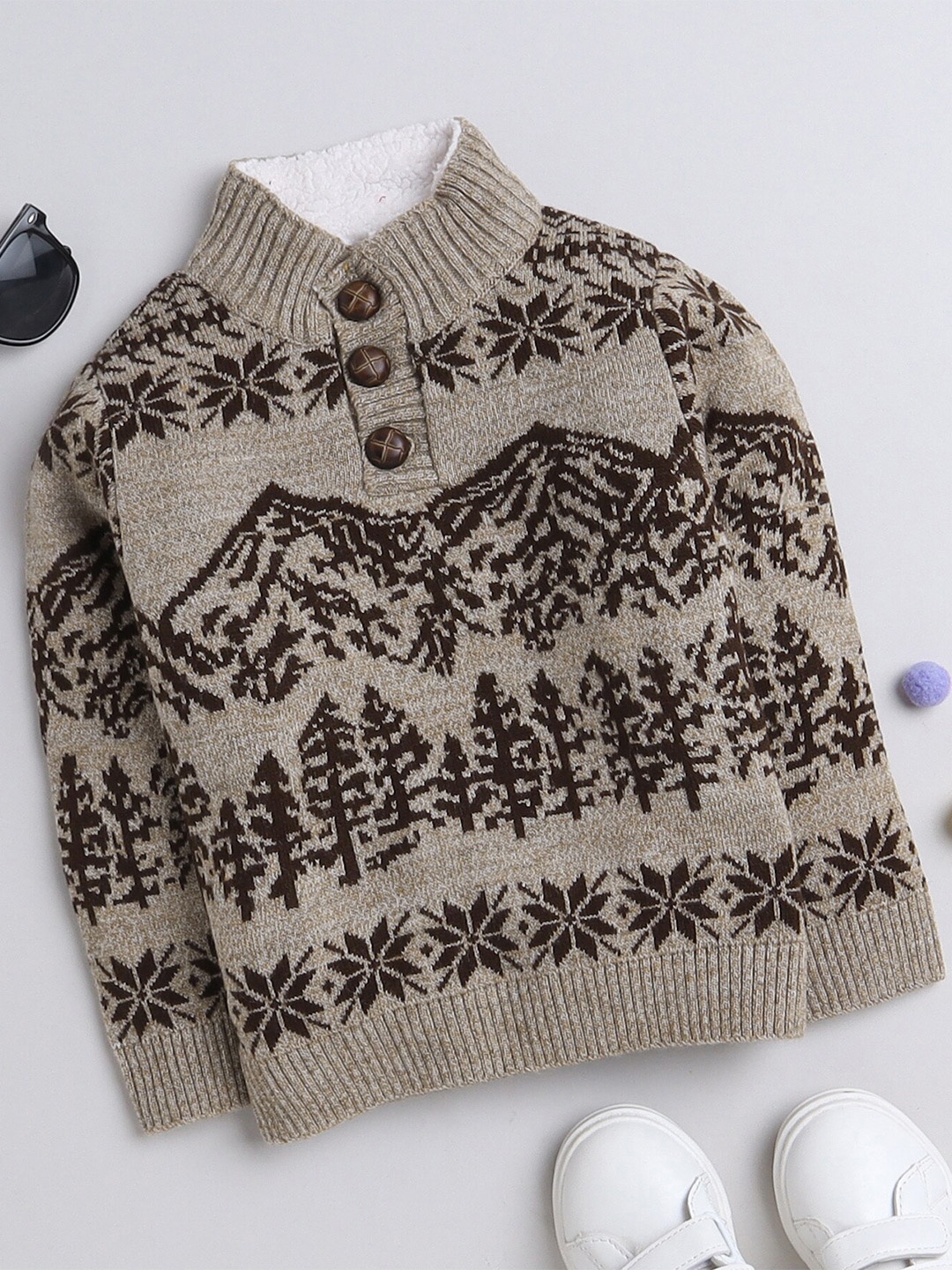 

Yellow Apple Boys Round Neck Long Sleeves Printed Pullover, Brown