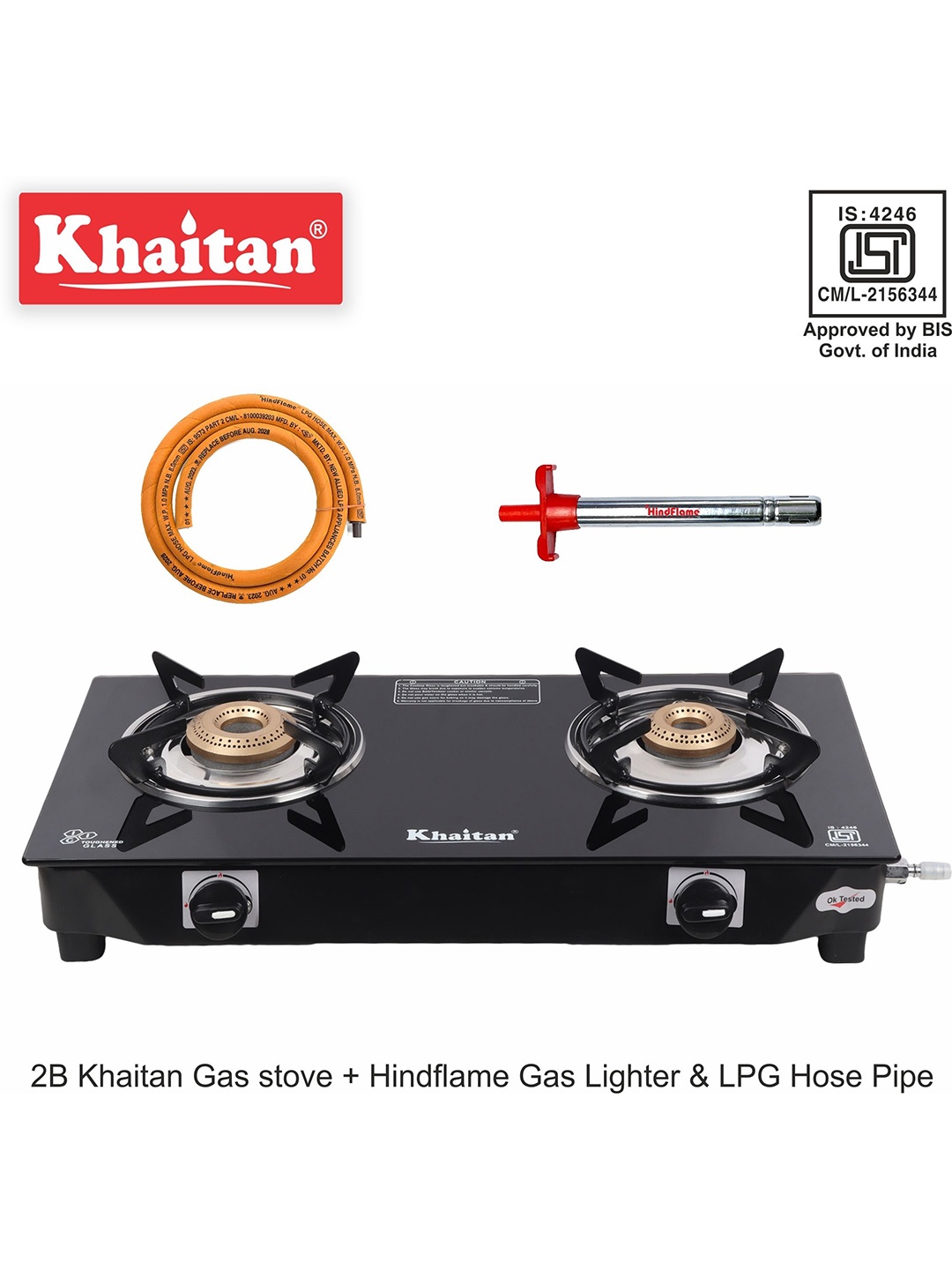 

Khaitan Glass 2 Burner Gas Stove With Lighter & Hose Pipe, Black