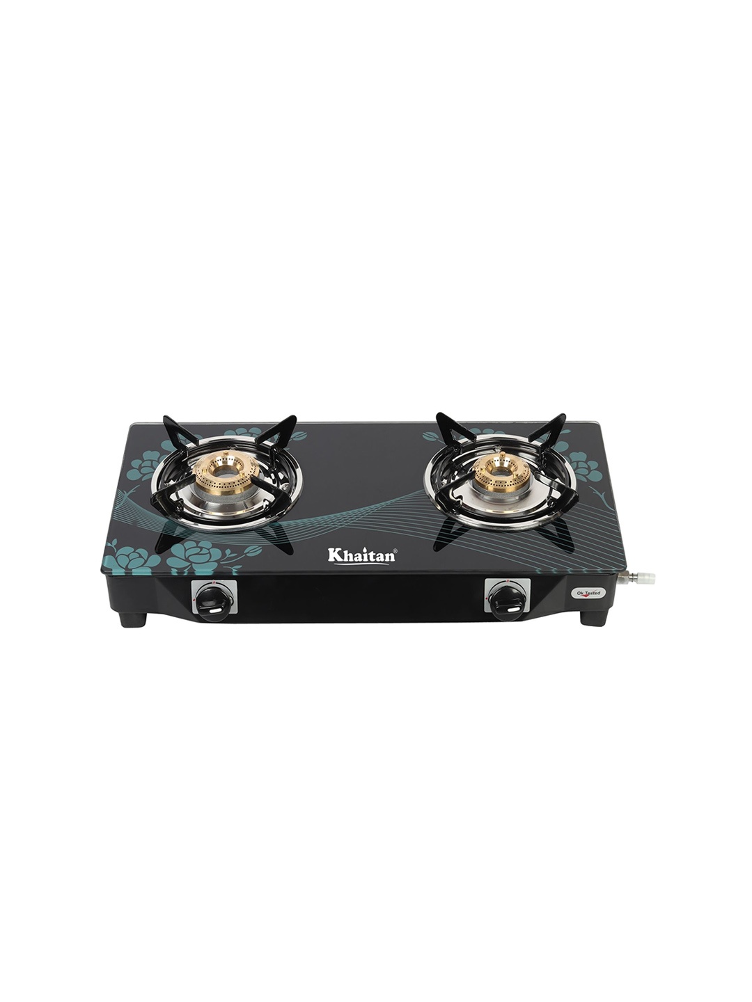 

Khaitan 2 Burner BP-Nano Aqua Blue Digital Glass Manual Gas Stove, Black