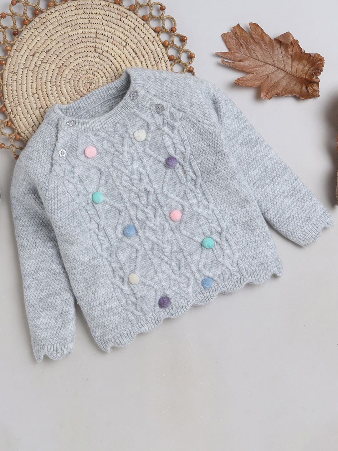 

Yellow Apple Girls Round Neck Long Sleeves Cable Knit Pullover, Grey