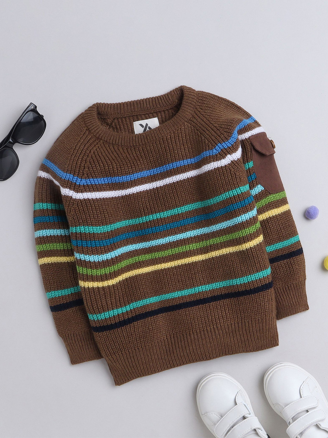 

Yellow Apple Boys Round Neck Striped Pullover, Brown