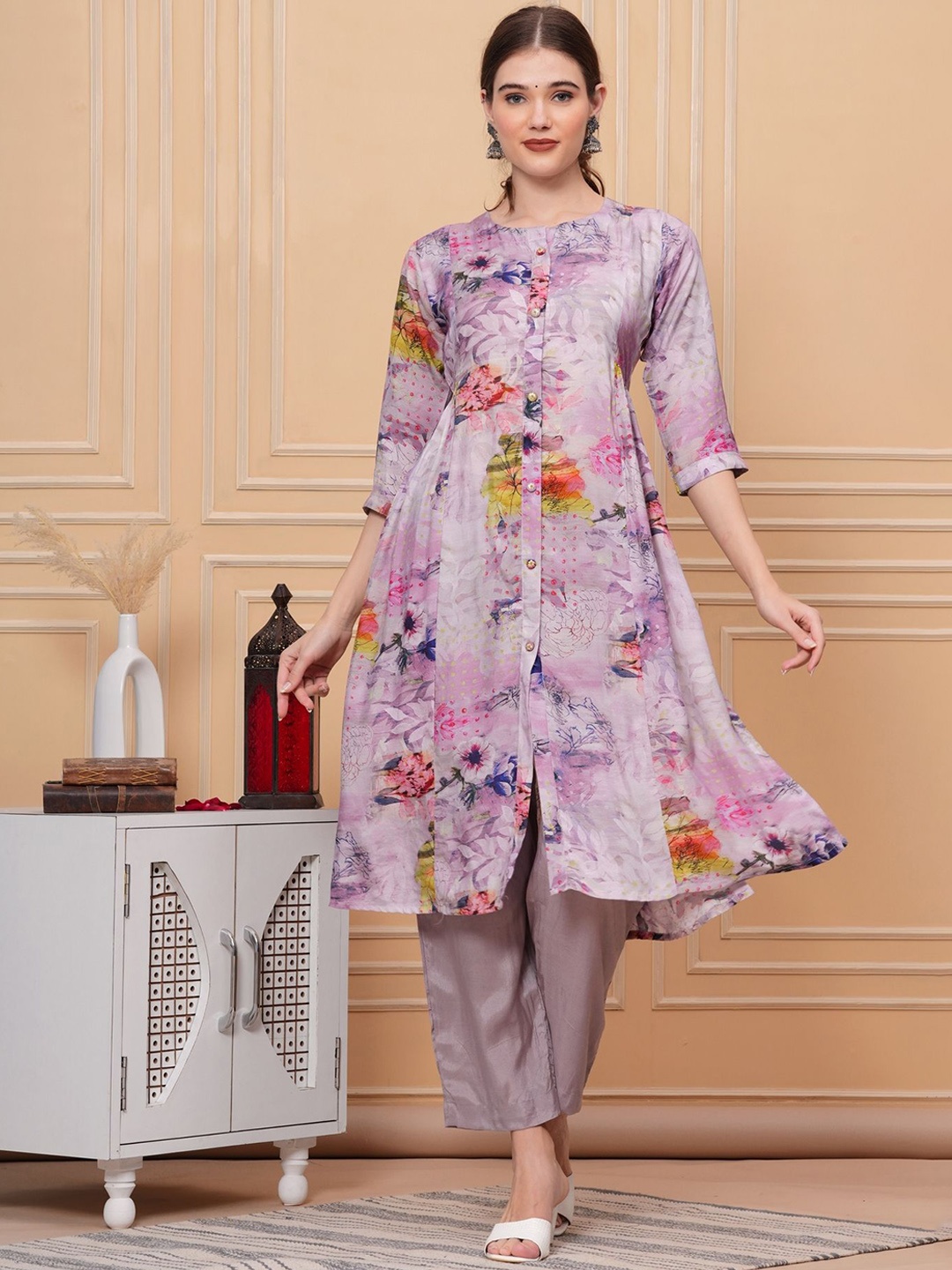 

KALINI Women Floral Yoke Design Regular Beads and Stones Kurta with Trousers, Pink