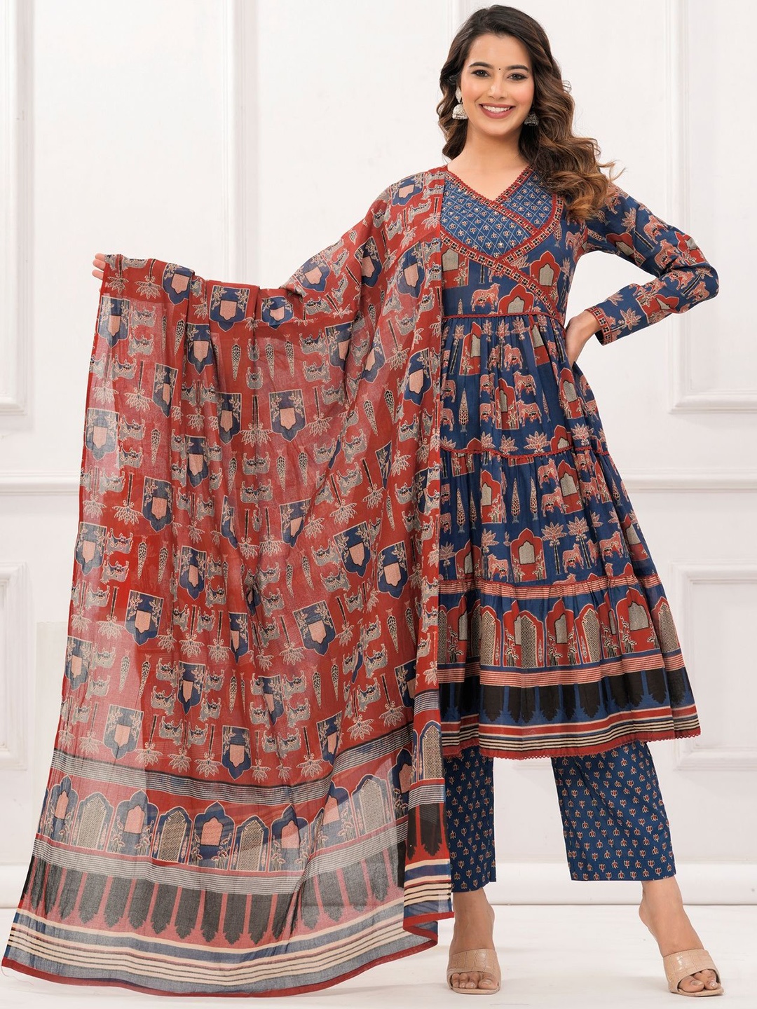 

KALINI Women Floral Printed Regular Beads and Stones Pure Cotton Kurta with Trousers & With Dupatta, Blue