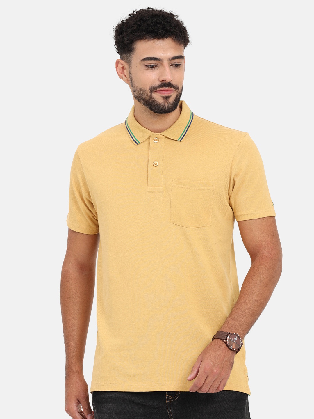 

Masculino Latino Polo Collar Pockets Cotton T-shirt, Yellow