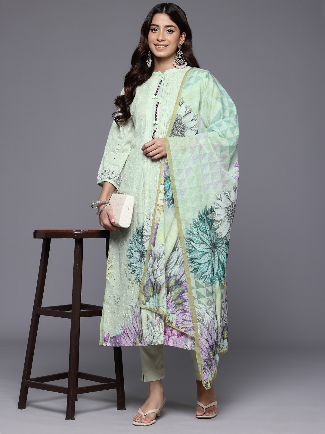 

Varanga Floral Printed Beads & Stones Pure Cotton Kurta With Trousers & Dupatta, Sea green