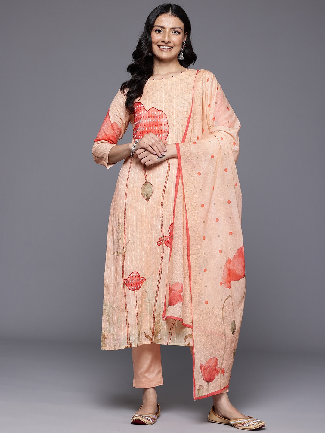 Varanga Floral Embroidered Kantha Work Pure Cotton Kurta With Trousers & Dupatta, Peach