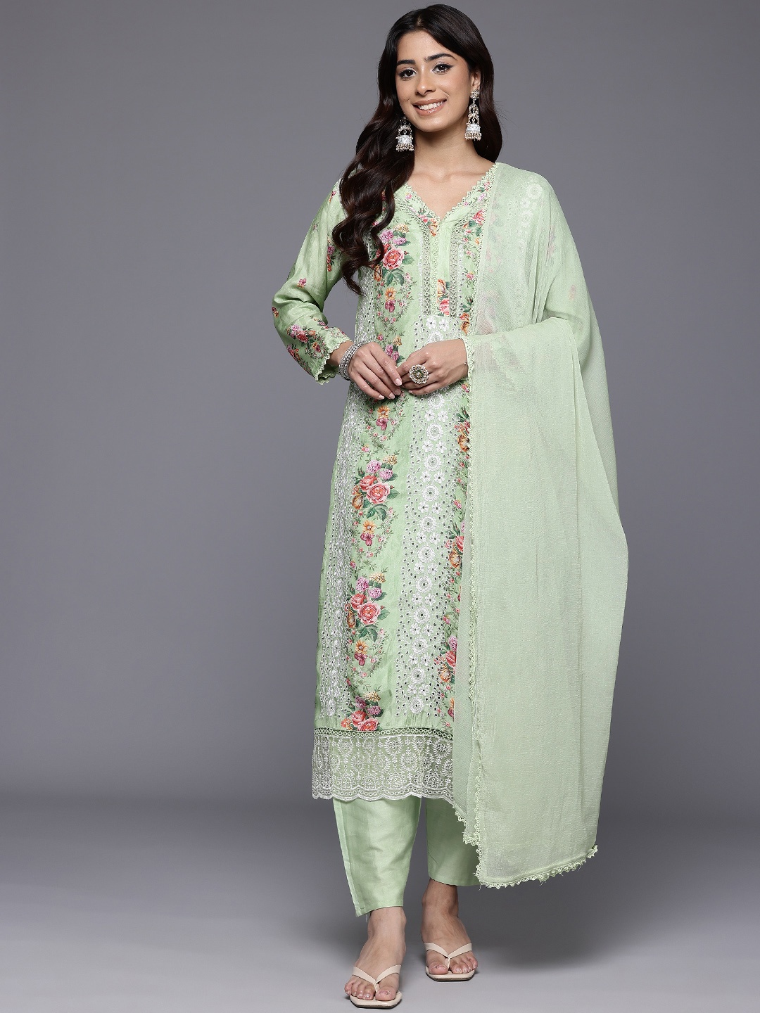 

Varanga Floral Embroidered Pure Cotton Kurta With Trousers & Dupatta, Sea green