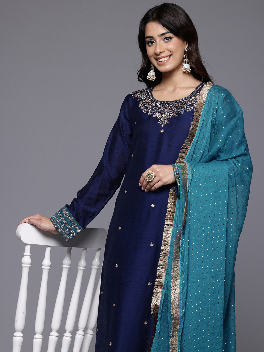 

Varanga Ethnic Motifs Embroidered Zari Kurta With Trousers & Dupatta, Navy blue