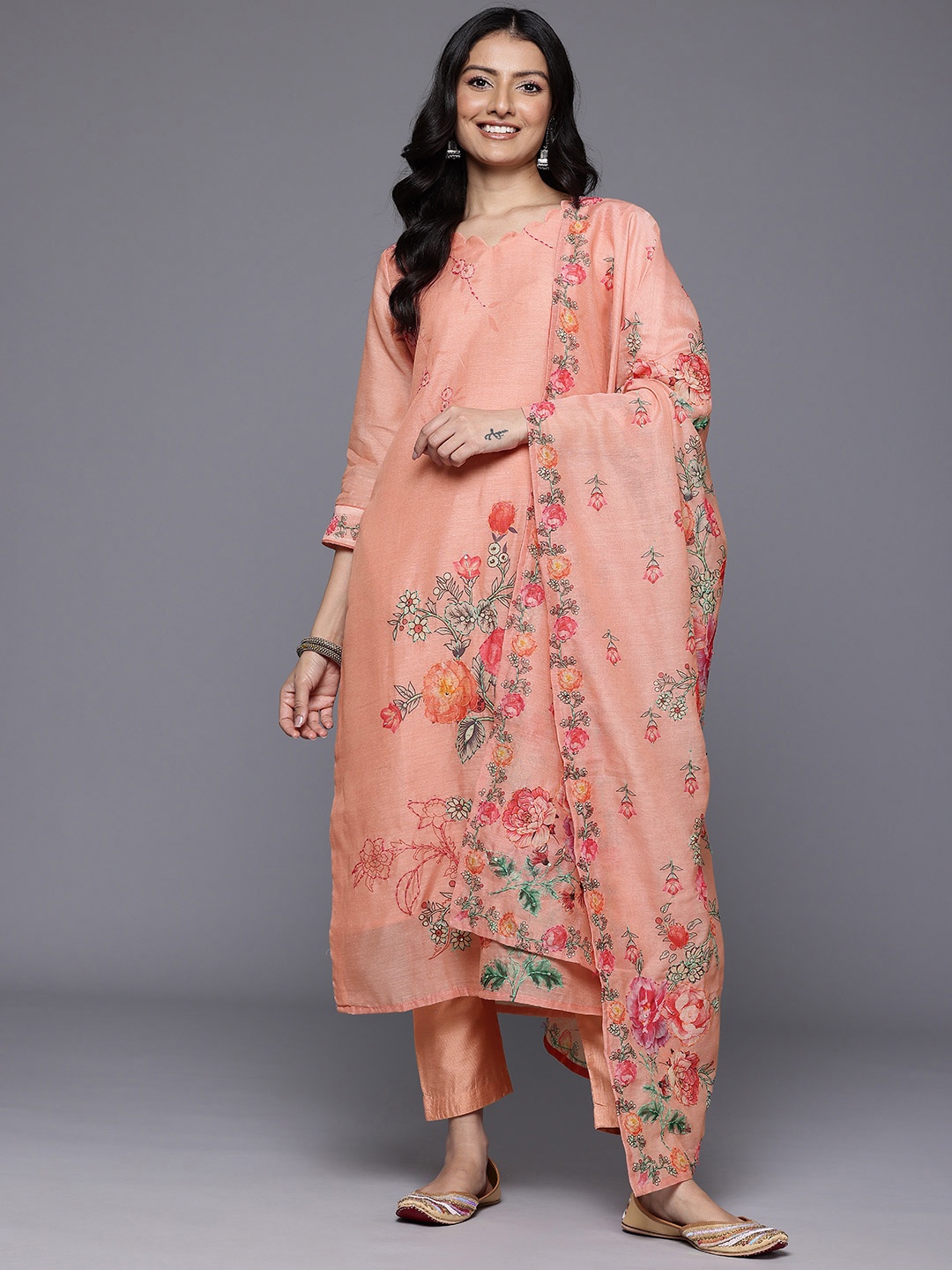 

Varanga Floral Embroidered Kantha Work Chanderi Silk Kurta With Trousers & Dupatta, Peach