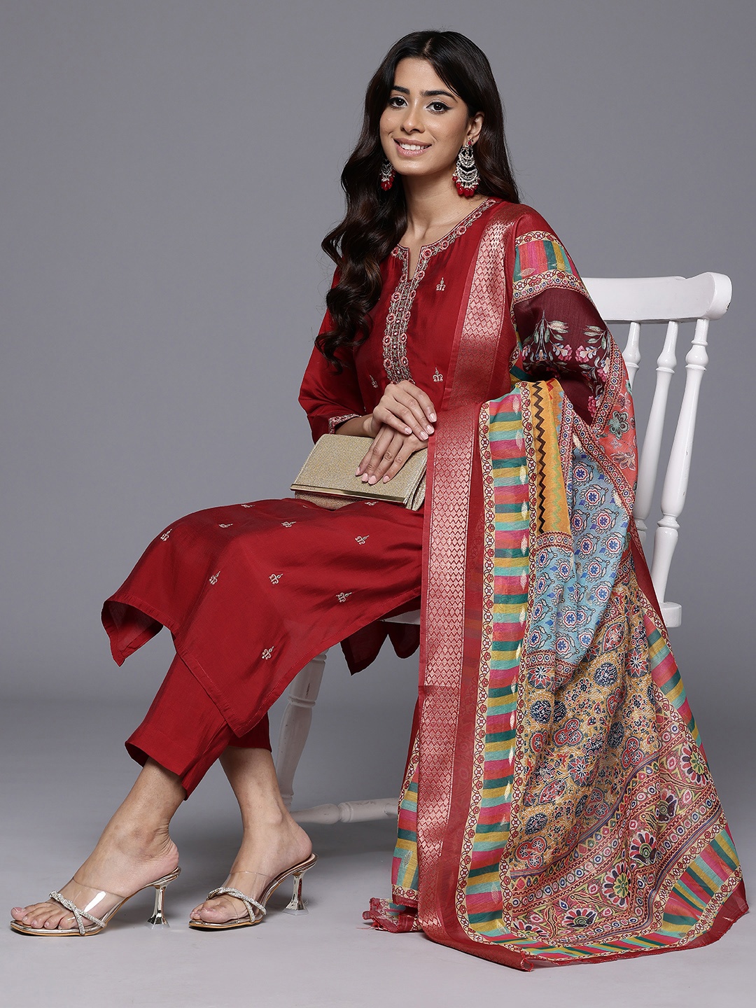 

Varanga Ethnic Motifs Zari Embroidered Mirror Work Kurta With Trousers & Dupatta, Red