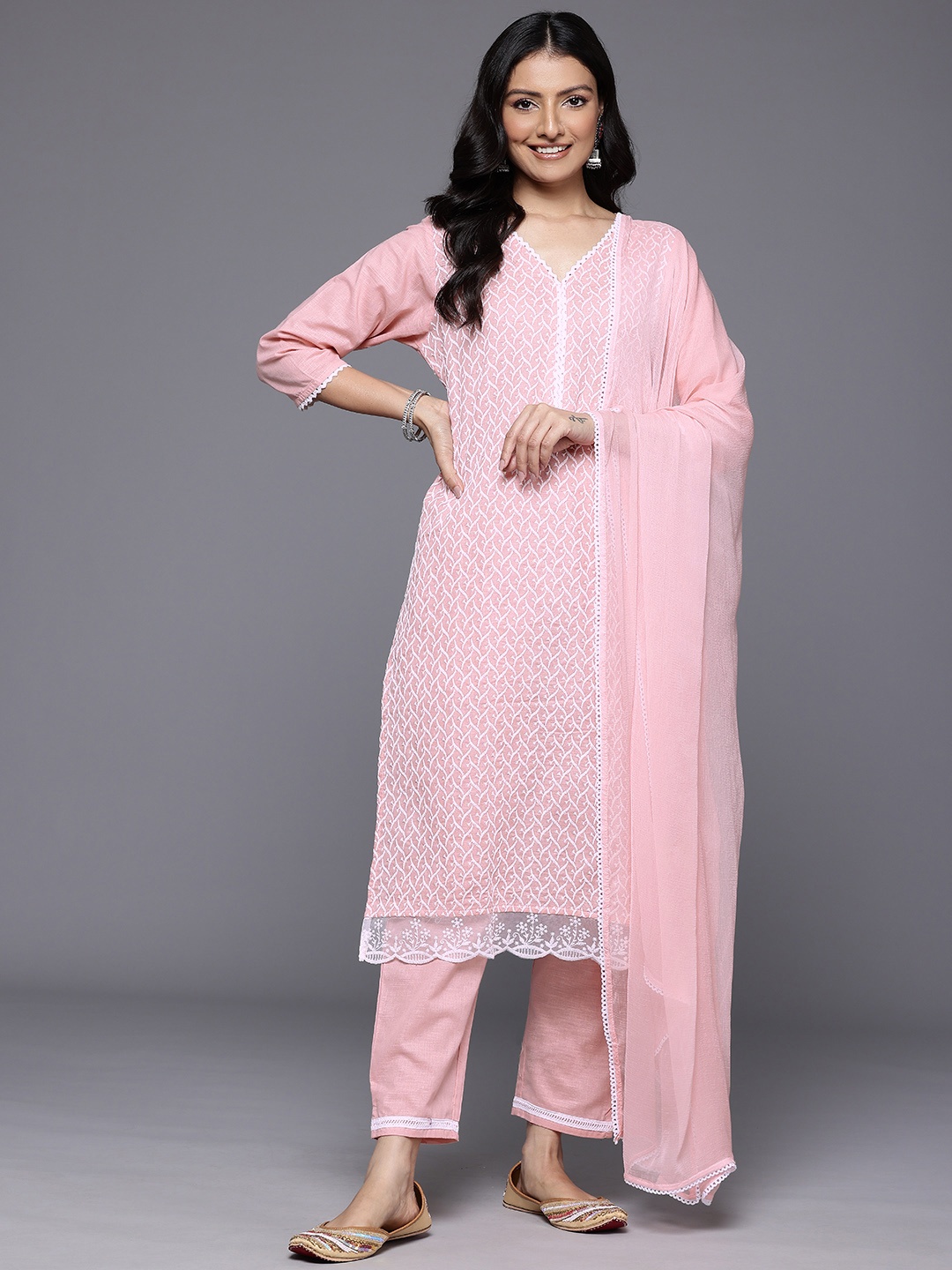 

Varanga Women Thread Embroidered Chikankari Kurta with Trouser & Dupatta, Peach