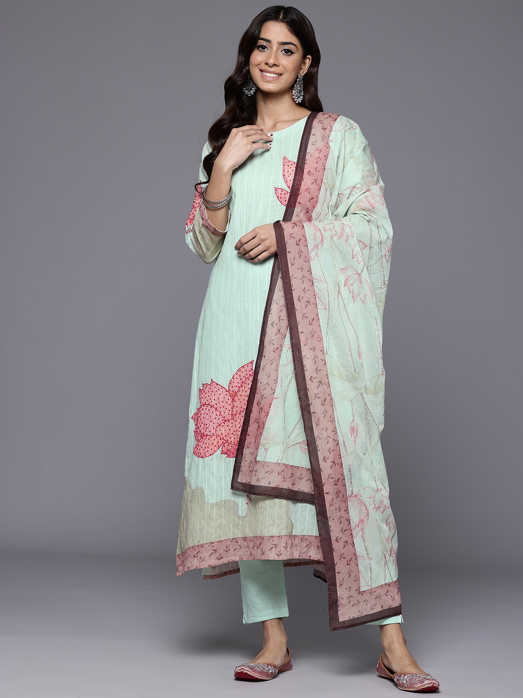 Varanga Floral Embroidered Thread Work Pure Cotton Kurta With Trousers & Dupatta, Sea green