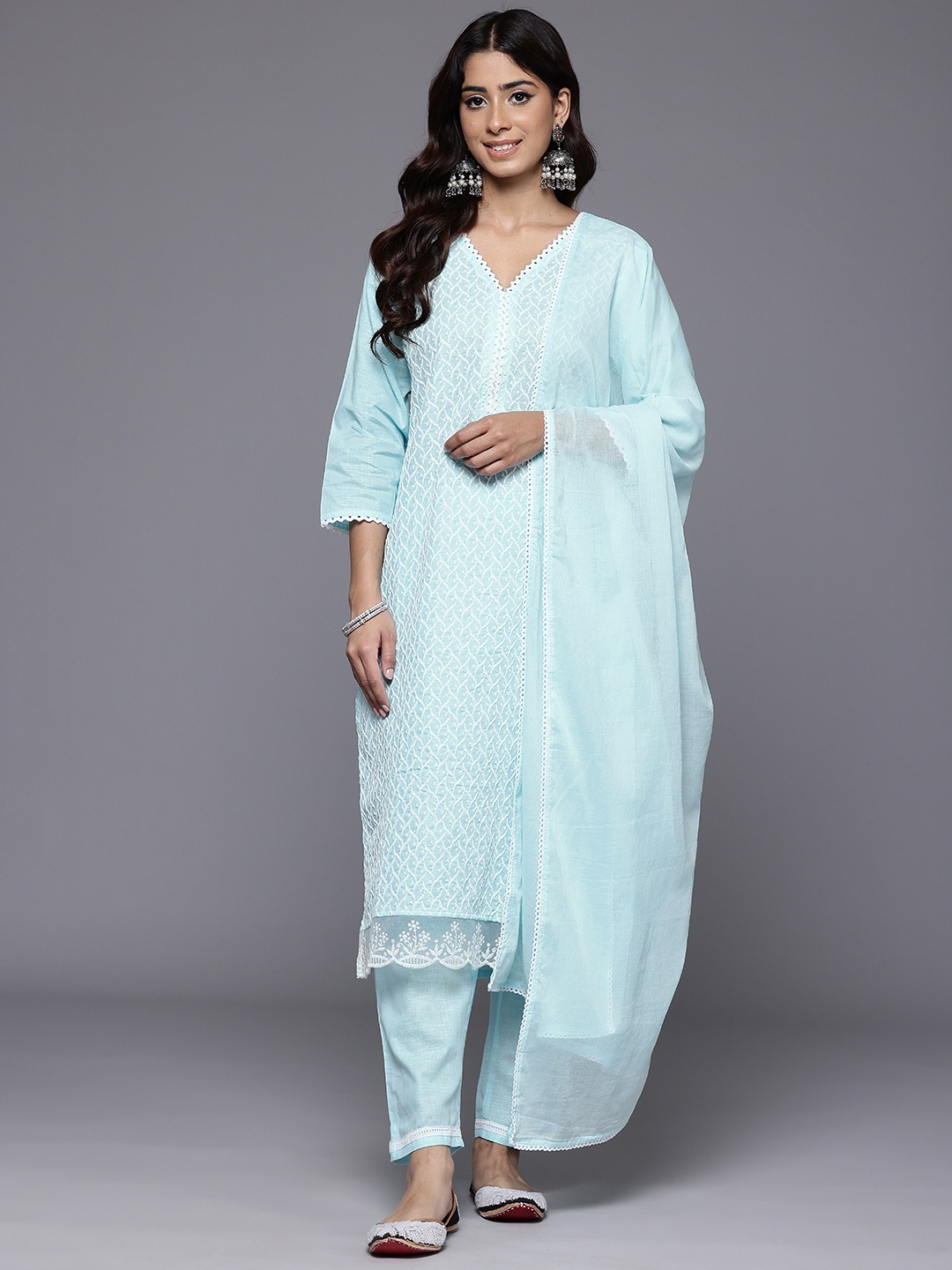 

Varanga Women Ethnic Motifs Embroidered Regular Chikankari Kurta with Trousers & With Dupatta, Blue