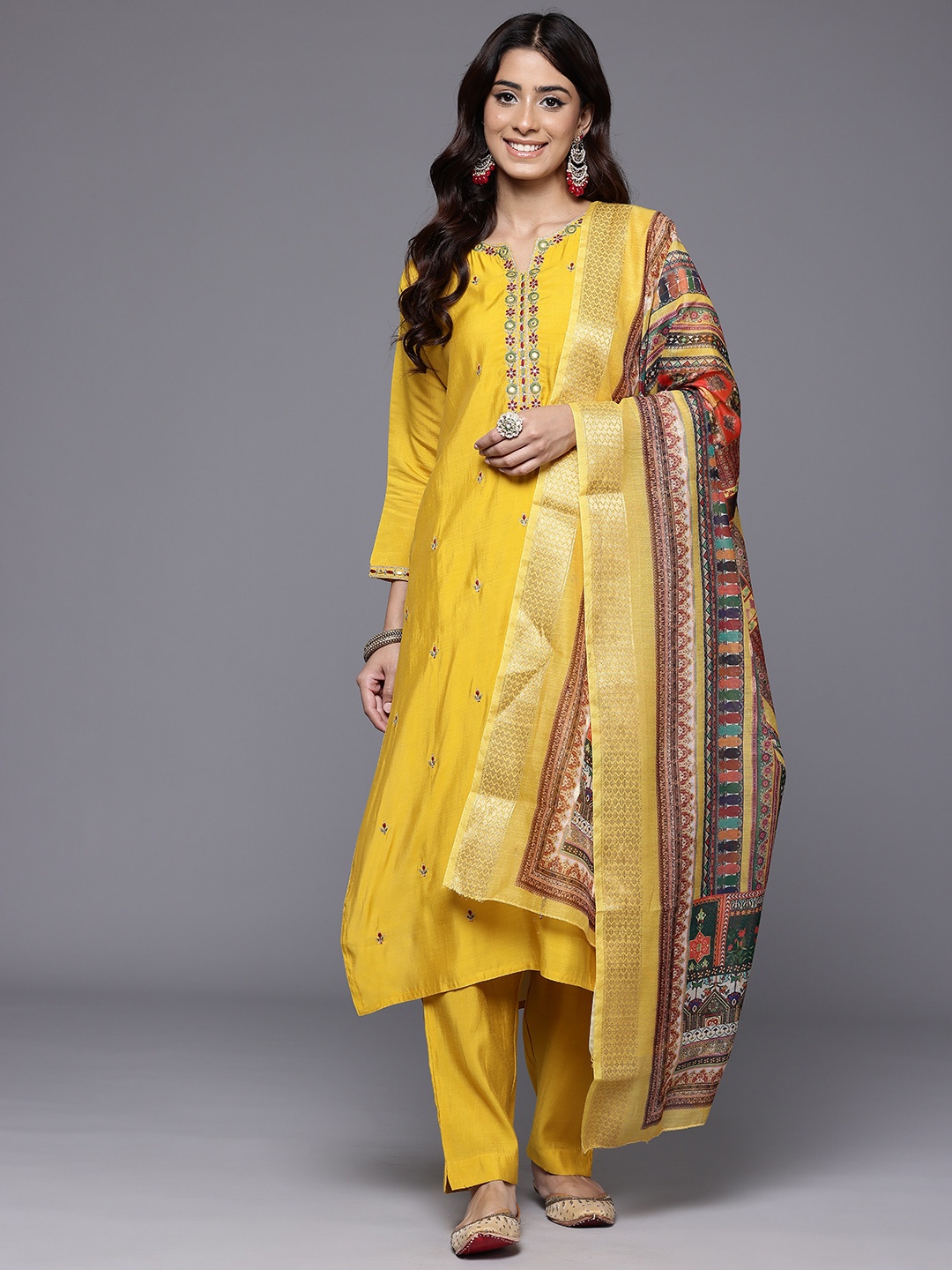 

Varanga Ethnic Motifs Zari Embroidered Mirror Work Kurta With Trousers & Dupatta, Yellow
